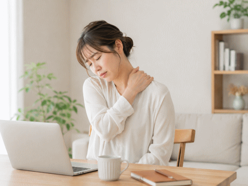 肩や首のこりに悩む女性